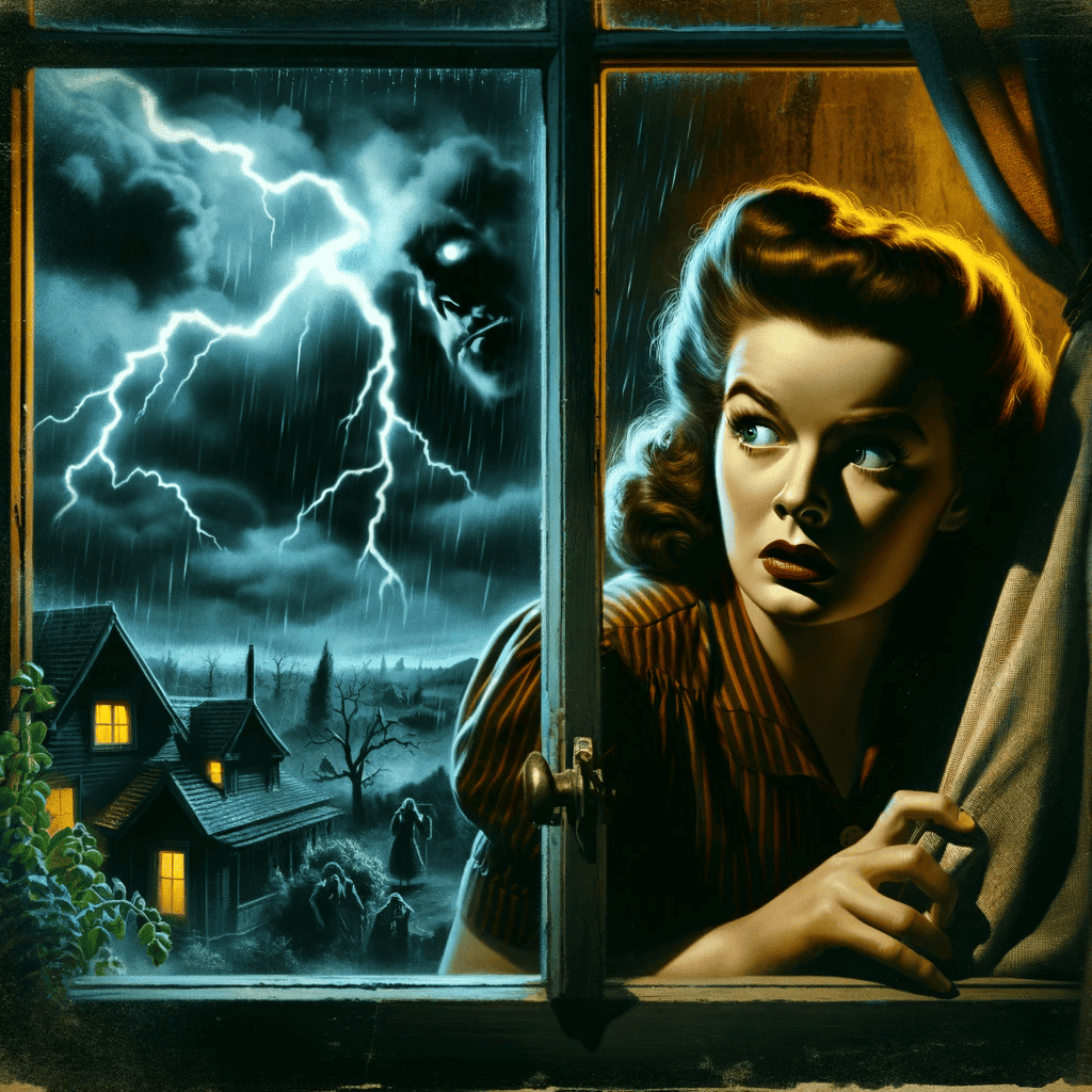 A woman looking scared, peering out a window