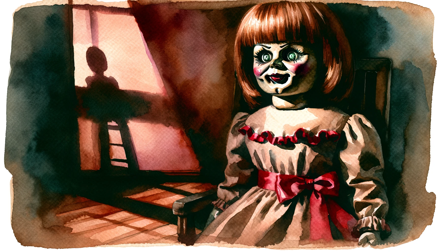 Cover image for movies like Annabelle, features a creepy Annabelle doll in a dark, red-tinted room.