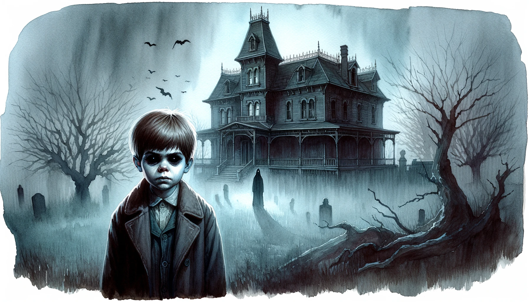 Cover image for the blog post on movies like Insidious. It features a creepy little boy sanding in front of a creepy house.