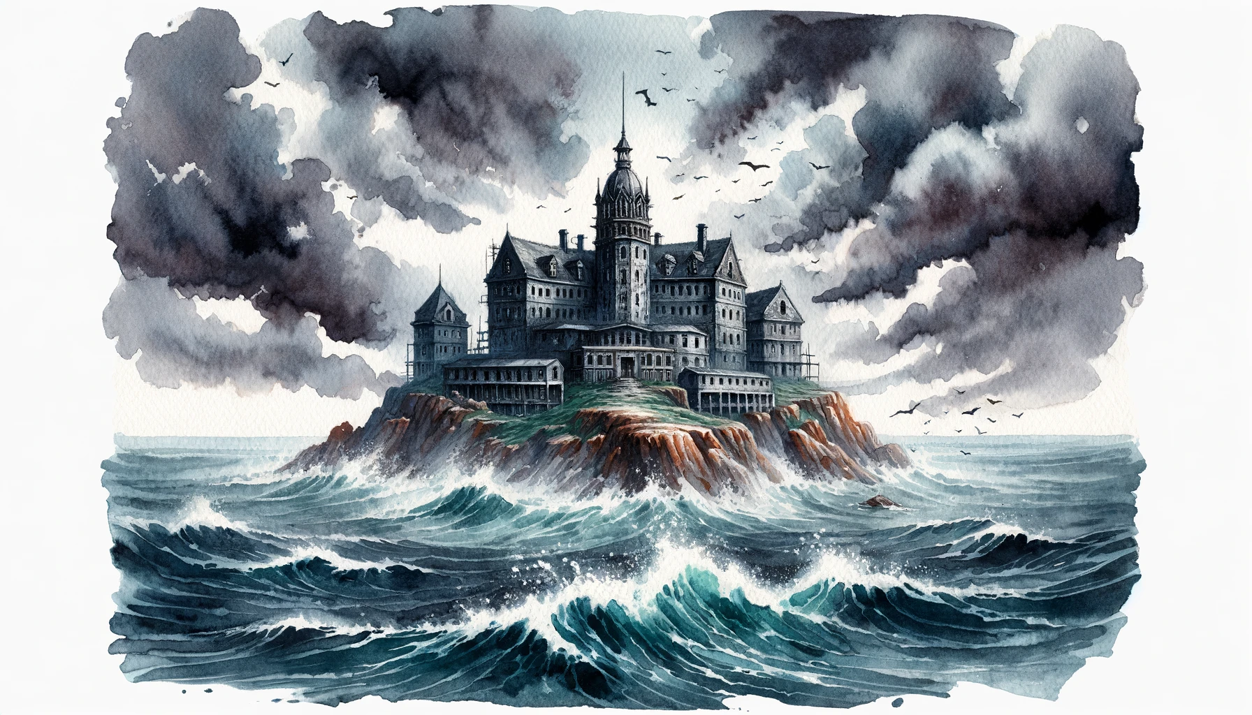 Cover image for movies like Shutter Island blog post - features a creepy island surrounded by wild ocean.
