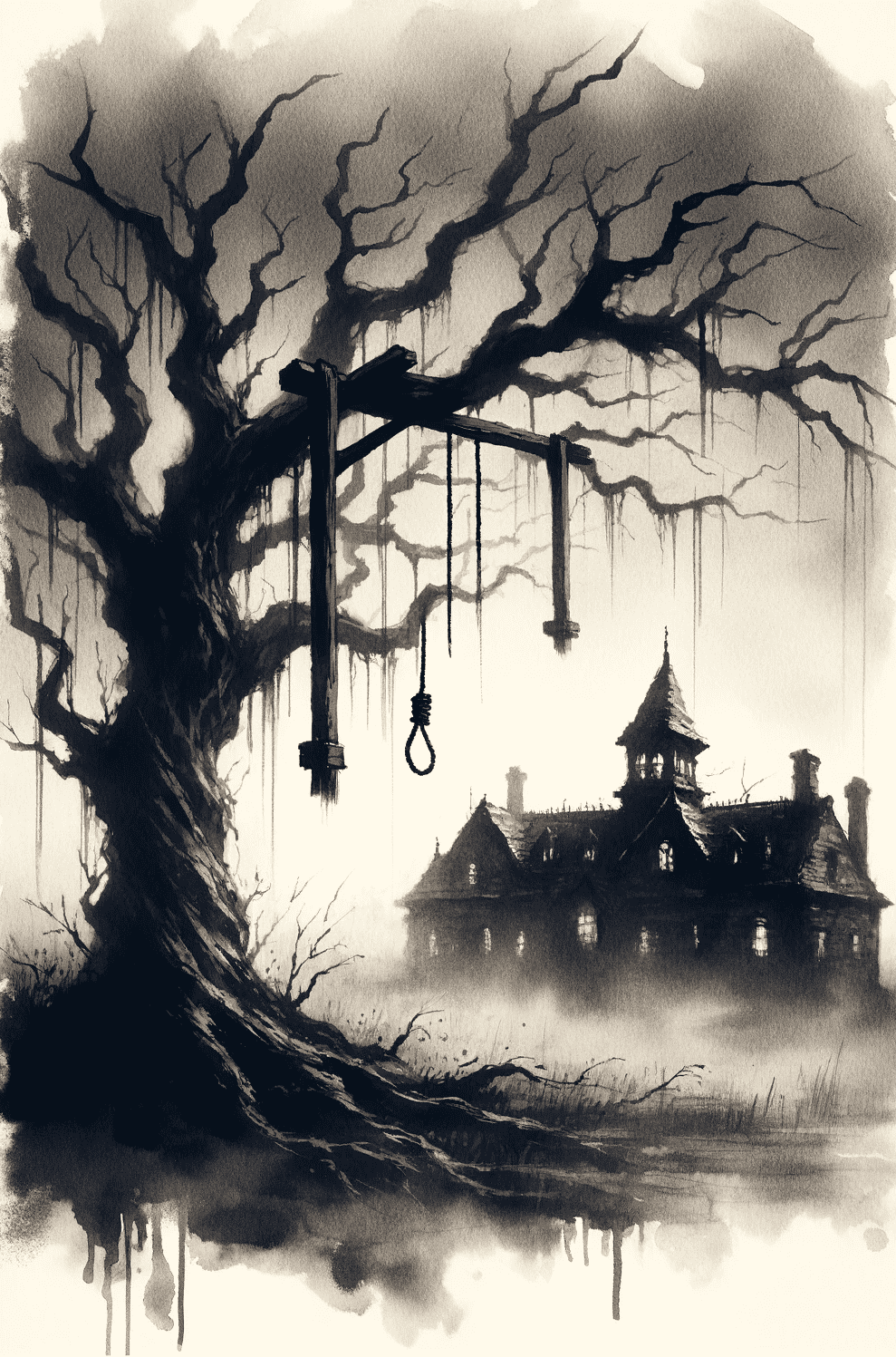 Preview image for blog post about movies like the conjuring - features a gallows tree with a creepy haunted house in the background