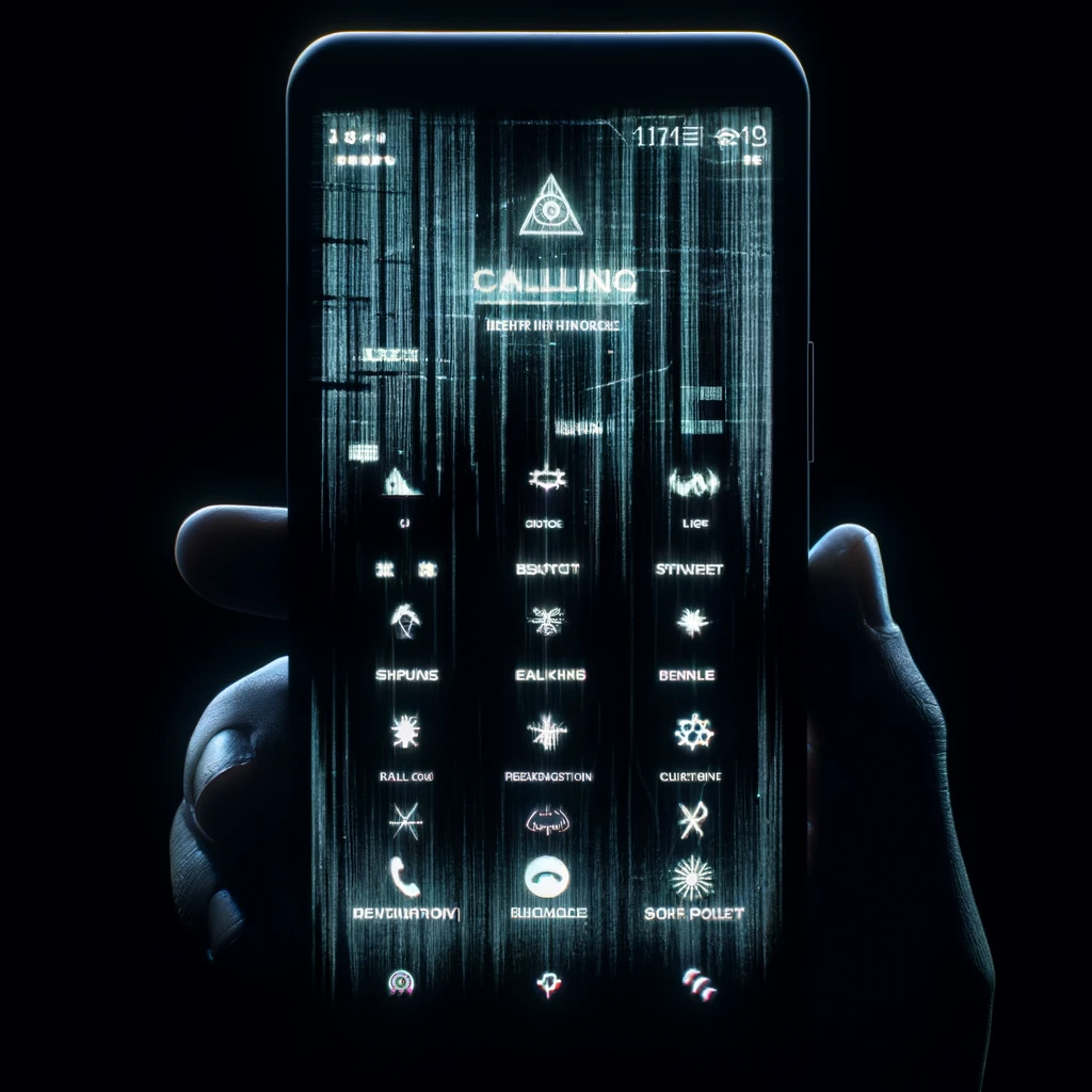 Cover image for movies like Unfriended - it features a black phone with some dark-web style features and symbols.